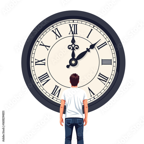 Man contemplates a large antique clock, facing away, symbolizing time's passage and life's fleeting moments.