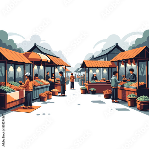 Illustration depicts a bustling outdoor market scene with vendors and shoppers.