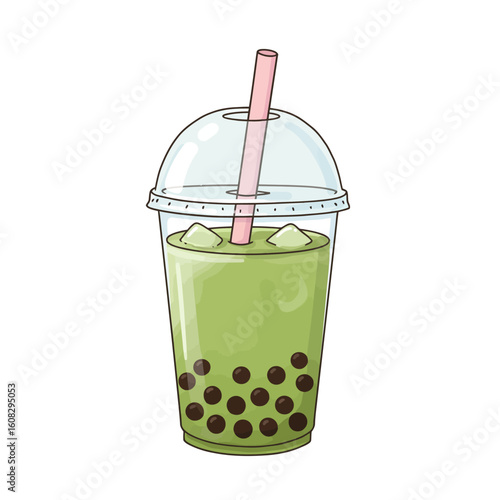Pastel Iced Matcha Latte with Boba Pearls – Vector Isolated Drink