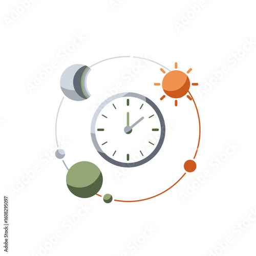 A circular illustration featuring a clock surrounded by celestial bodies representing time.