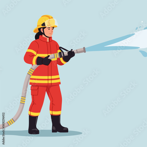 Flat vector of a female firefighter in red uniform holding a water hose