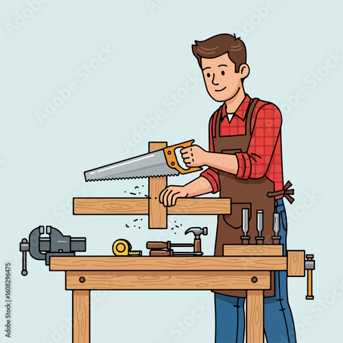  Flat vector of a carpenter man sawing wood on a workbench