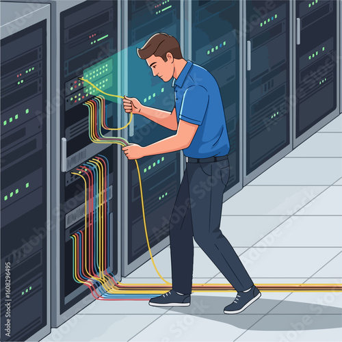 Flat vector of a male IT technician checking cables in server room