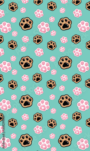 A cute and playful seamless pattern of cartoon animal paw prints on a teal background