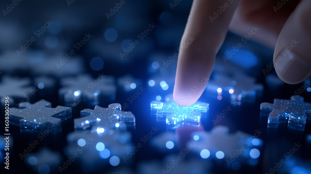 Fototapeta premium Businessman hand finger touch glowing blue jigsaw puzzle piece on digital screen.