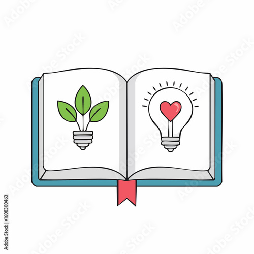 Open book with green leaf lightbulb and red heart lightbulb, representing learning, sustainability, and innovation.