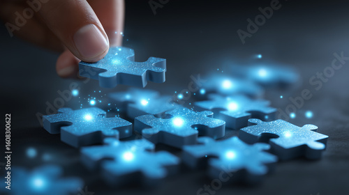 Businessman hand finger touch glowing blue jigsaw puzzle piece on digital screen.