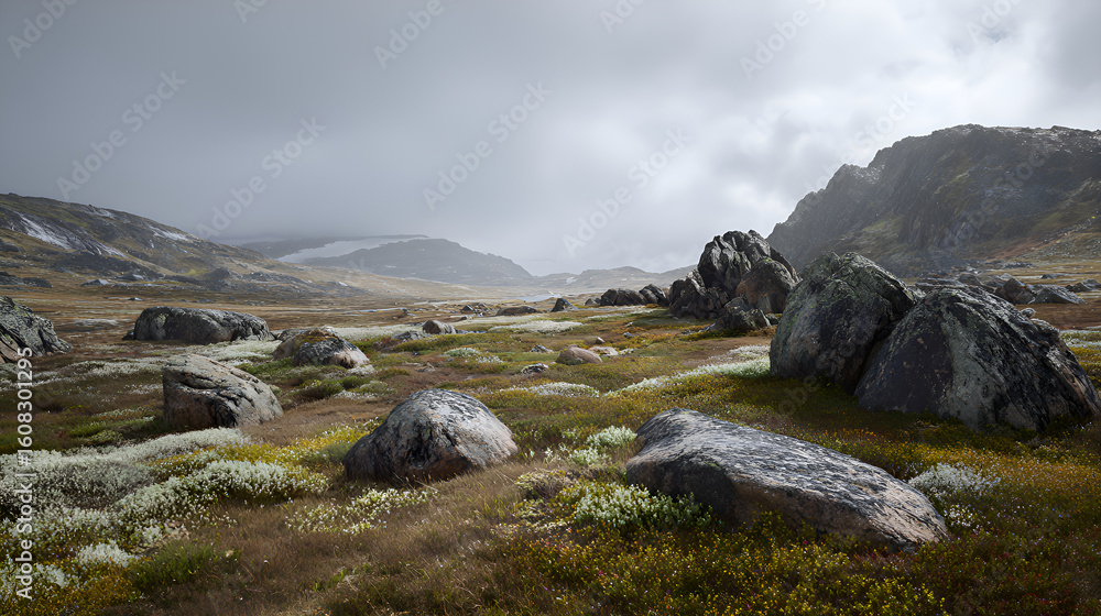 Obraz premium Wildflowers blooming in a harsh mountain landscape under cloudy sky