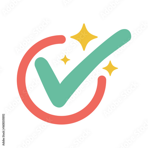 Green checkmark with stars inside a red circle. Cartoon-style success or approval symbol with decorative sparkles for celebratory or validated content.

