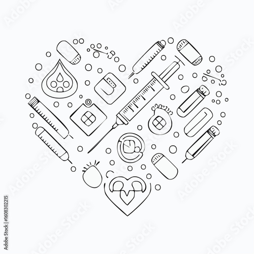 A heart-shaped doodle illustration with medical icons for diabetes care and management.