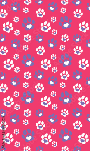 Charming seamless pattern with loving paw prints and hearts for animal lovers on pink.