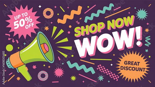 Colorful Discount Promotion Illustration with Megaphone Up to 50 Percent Off and Great Discount Announcement