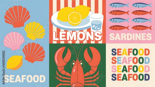 Colorful Seafood Collage with Shells Lemons Sardines and Lobster Graphic Illustration for Culinary Art Projects