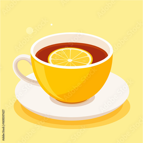 A charming cup of tea with a slice of lemon sits on a saucer against a pastel yellow backdrop, evoking warmth and comfort in its simple, minimalist design.