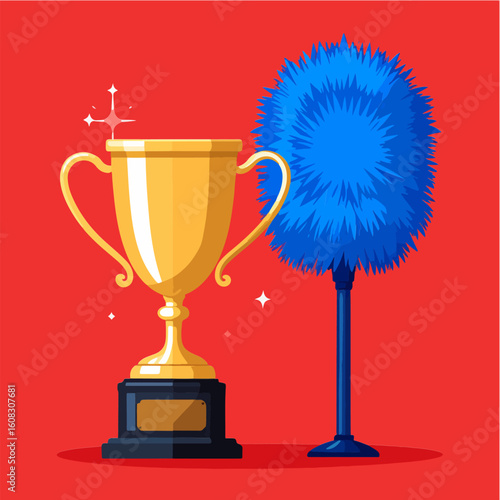 A shiny gold trophy with sparkles stands beside a blue feather duster against a red background in a minimalistic, flat vector illustration style.