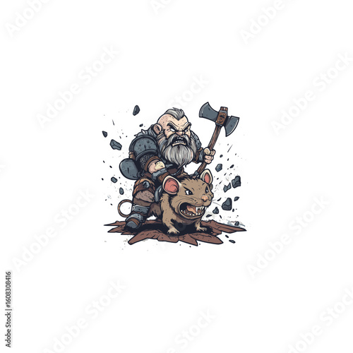 illustration of an angry dwarf warrior fiercely riding a large, mighty rat