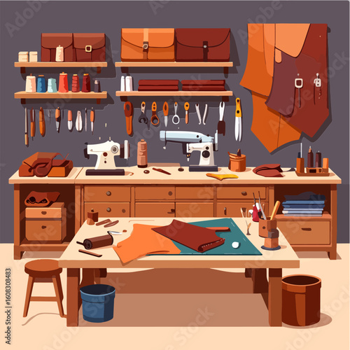 Cartoon illustration showcasing a meticulously organized leather workshop with sewing machines, tools, leather pieces, and shelves displaying finished bags.