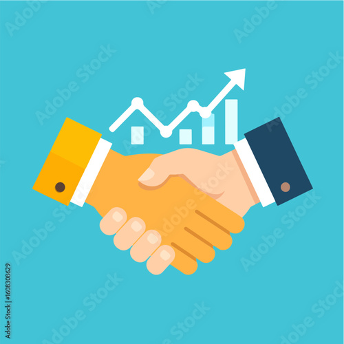 Flat vector illustration showcasing a business handshake with a rising graph, symbolizing deal closing and successful growth against a blue background.