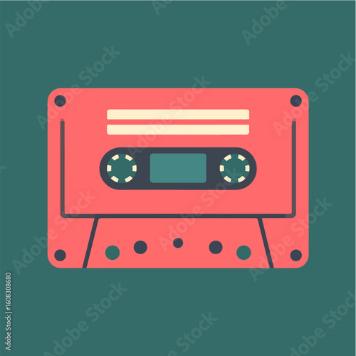 Retro-styled vector illustration of a red audio cassette tape on a dark teal background evoking nostalgia and vintage vibes for design and creative projects.