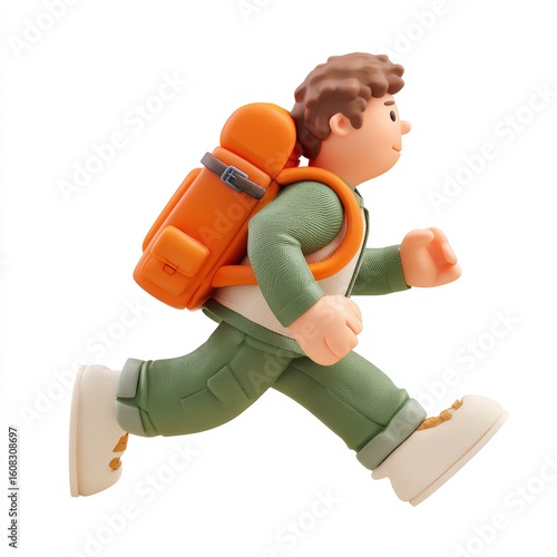 Cartoon Character Running with Backpack Isolated on White Background Side View