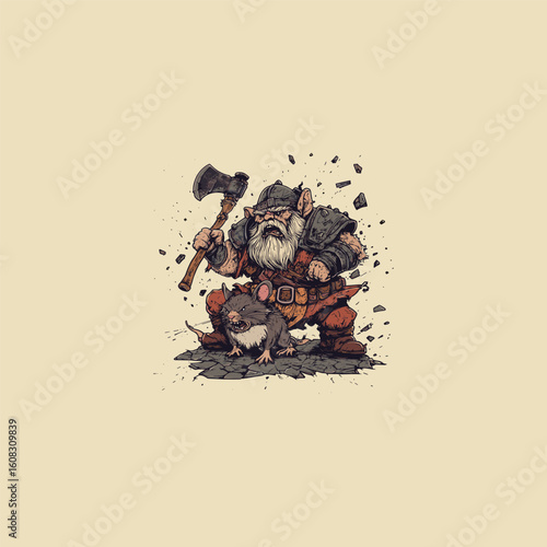 illustration of an angry dwarf warrior fiercely riding a large, mighty rat