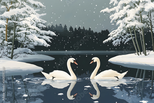 Fototapeta Naklejka Na Ścianę i Meble -  two swans are swimming in a lake in the snow