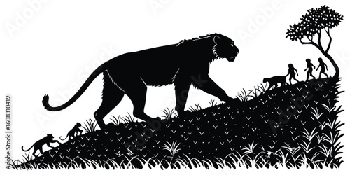 A majestic silhouette of a panther leading a pride with cubs and humans on a grassy hillside