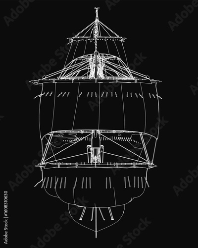 A detailed black and white frigate drawing on a dark background, featuring billowing sails and intricate rigging. The ship's hull is sharply outlined with clean contours.