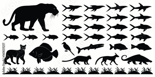 Black silhouettes of various animals including a panther fishes birds cats and other creatures over white background