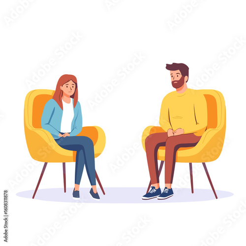 Woman psychologist. Couple flat man woman sitting on chairs. Psychotherapy session or psychological consultation. Sad frustrated guy vector. Psychologist woman, psychiatrist and patient illustration