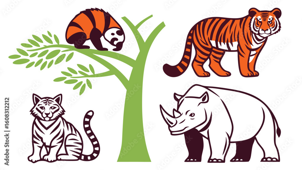 Obraz premium Colorful vector illustration featuring a red panda in a tree, tigers, and a rhino isolated on white
