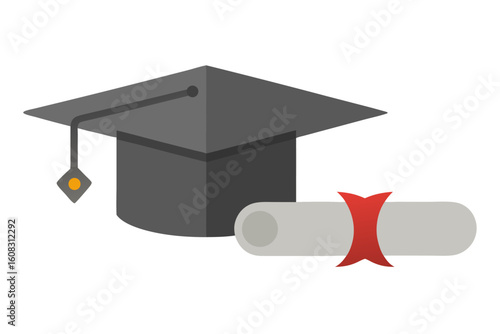 Graduation cap and diploma with academic success on white