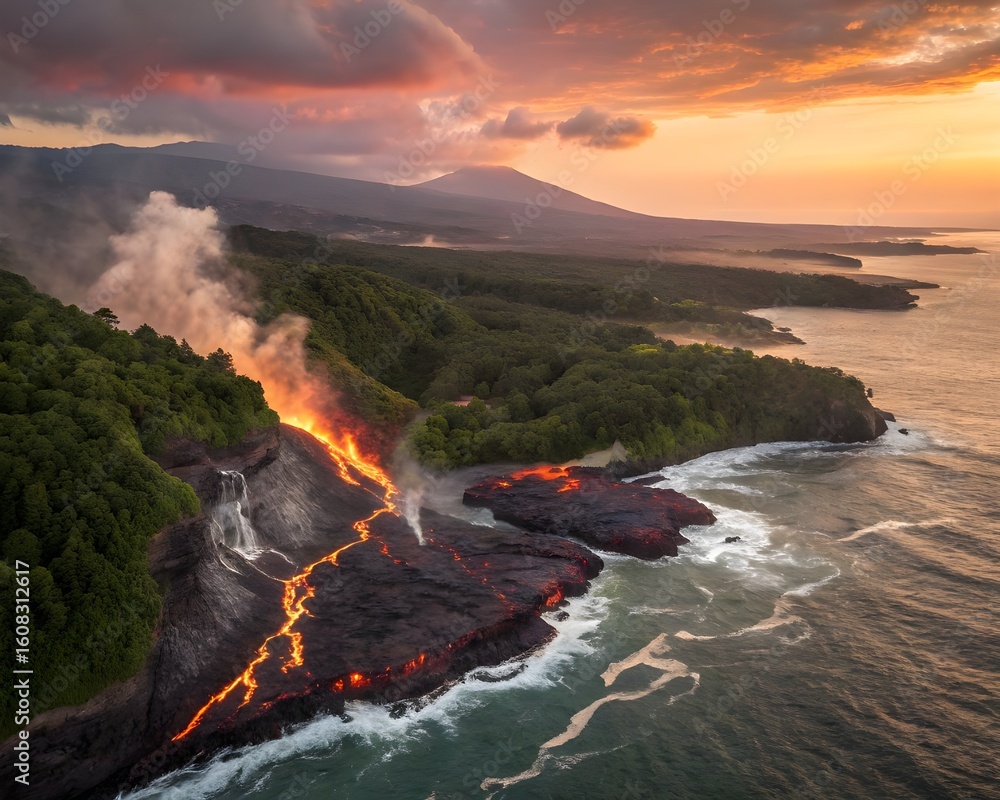 Fototapeta premium Volcanic Island at Sunset with Lava Rivers Flowing into Ocean 
