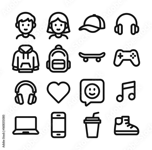Outline Simple Teenager Lifestyle Element Icon Set with Handdrawn Style