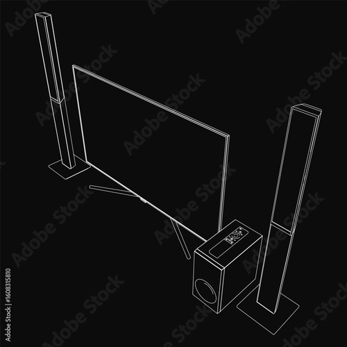 Flat screen TV on black background with contour line art of a home theater system. Includes speakers and other components in a clean, minimalist design.