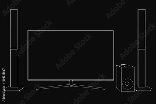 Flat screen TV with a sleek contour design sits beside a matching speaker on a table. The black background highlights the clean line drawing of this home theater setup.
