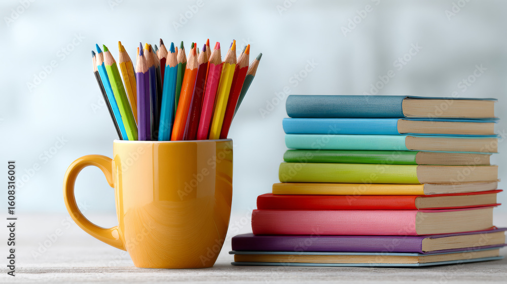 Fototapeta premium Back to School Colorful Pencils Apples and a Classic Pencil Case on white background