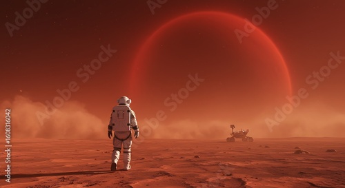 Astronaut exploring the planet Mars in a distant futuristic landscape 