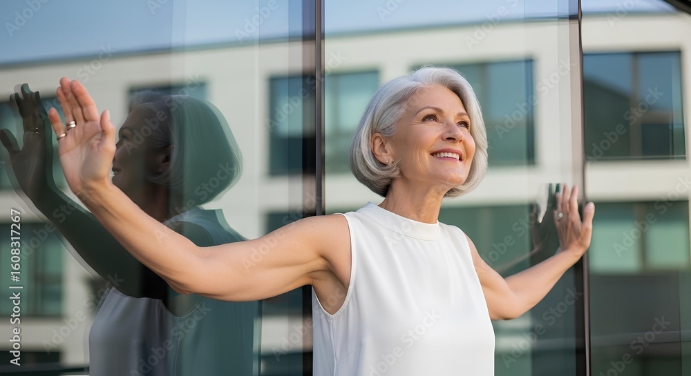 Obraz premium Stylish Older Woman Smiling with Arms Outstretched Against Reflective Glass – Confidence and Joy in Modern Setting