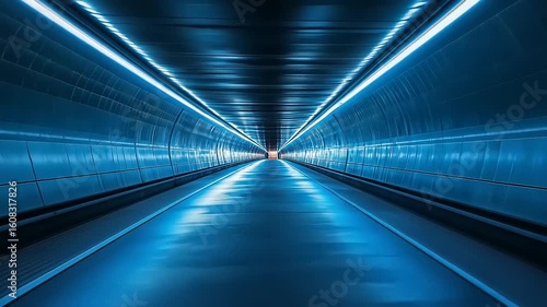 Futuristic tunnel with glowing blue lights, leading to a bright end, creating a sense of depth
