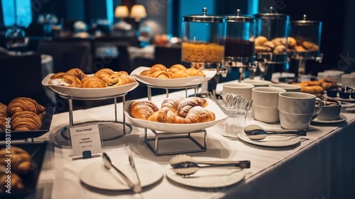 Hotel Breakfast Buffet with Croissants and Pastries