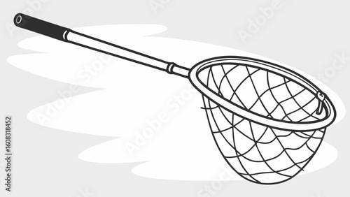 Monochrome Line Art Illustration of a Fishing or Butterfly Net, Simple Black and White Vector Graphic for Outdoor Hobbies