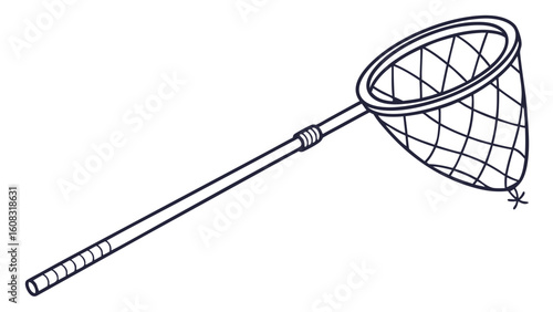 Simple Black and White Line Art Illustration of a Handheld Catching Net or Landing Net for Fishing, Insect Collection, or Outdoor Hobbies