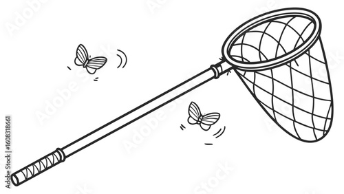 Butterfly Net and Two Flying Butterflies Black and White Line Art Illustration. Insect Catching Hobby or Nature Exploration Concept.