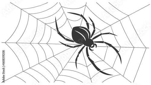 Black Silhouette Spider on Intricate Web Illustration for Spooky Halloween Design