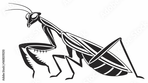 Stylized Praying Mantis Illustration in Black and White - Detailed Insect Graphic Design