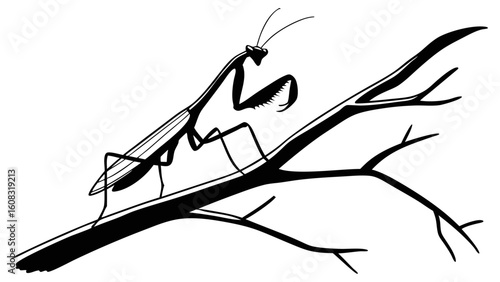 Elegant Praying Mantis Perched on a Tree Branch - Detailed Black and White Insect Illustration, Wildlife Silhouette Graphic Design Element