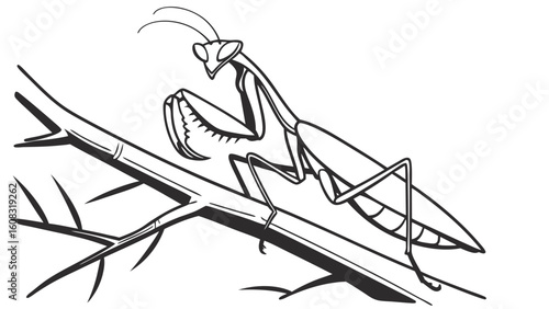 Praying Mantis on Branch Line Art Illustration - Simple Black and White Insect Drawing