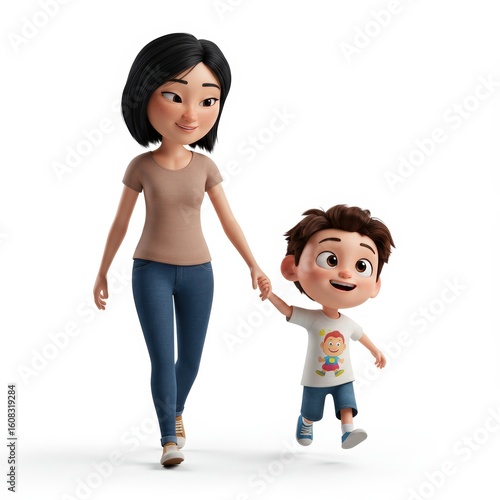 Cheerful Cartoon Mom and Son Walking Hand in Hand