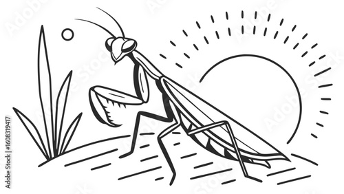 Stylized Praying Mantis Line Art Illustration with Sun and Grass in Black and White